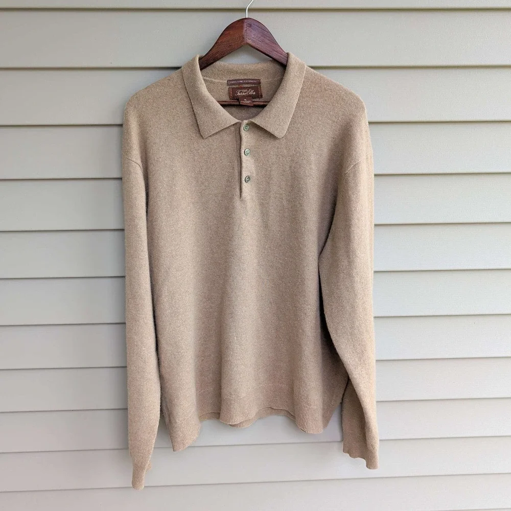 Tasso Elba Cashmere Polo Sweater Mens XL Tan Long Sleeve 3-Button Knit
